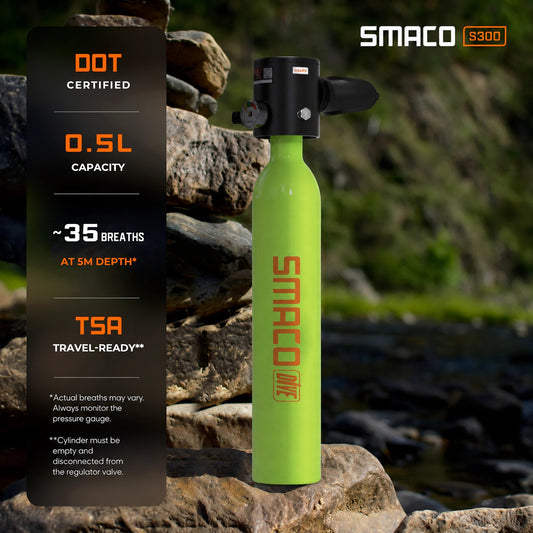 SMACO S300 0.5L mini scuba tank with DOT certified cylinder and 35 breaths at 5m depth