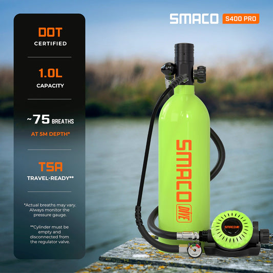 SMACO S400Plus 1L portable mini scuba tank for shallow diving, DOT certified cylinder with pressure gauge and approximately 75 breaths at 5m depth