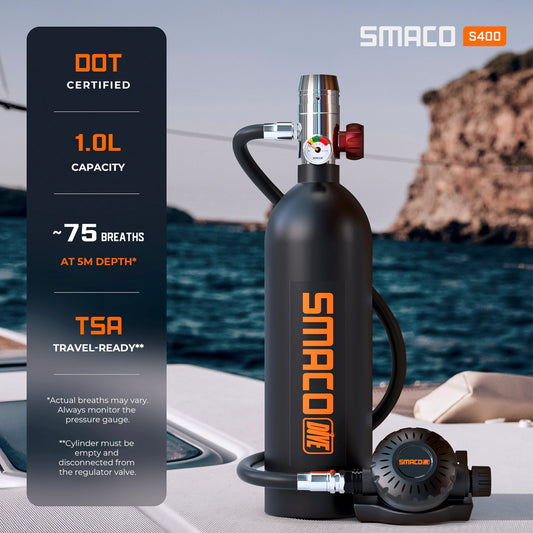 SMACO S400 1L portable mini scuba tank for shallow diving, DOT certified cylinder with pressure gauge and approximately 75 breaths at 5m depth