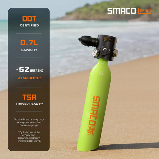 SMACO S500 0.7L portable mini scuba tank for shallow diving, DOT certified cylinder with pressure gauge and approximately 52 breaths at 5m depth