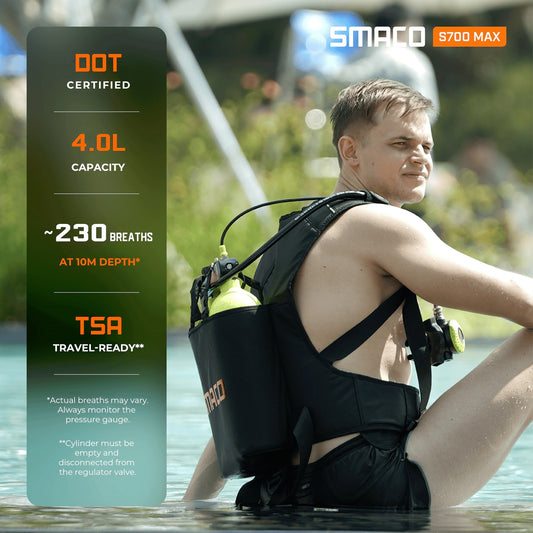 SMACO S700MAX 4L portable scuba tank for shallow diving, DOT certified cylinder with pressure gauge and approximately 230 breaths at 10m depth