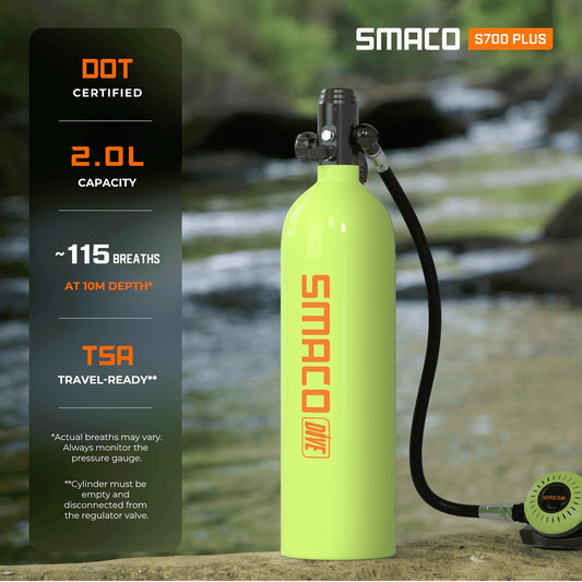 SMACO S700 2L portable mini scuba tank for shallow diving, DOT certified cylinder with pressure gauge and approximately 115 breaths at 10m depth