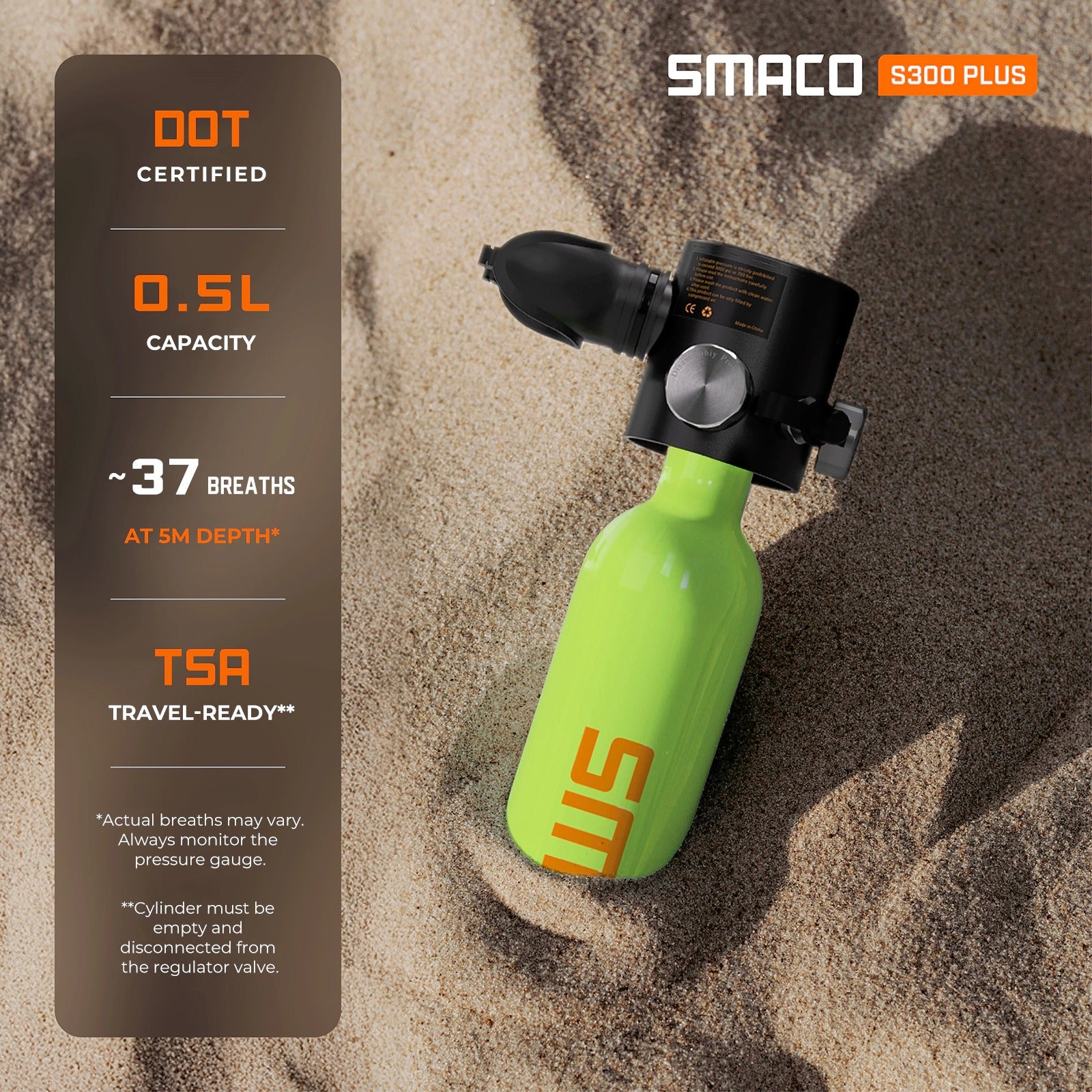 SMACO S300Plus 0.5L portable mini scuba tank for shallow diving, DOT certified cylinder with pressure gauge and approximately 37 breaths at 5m depth