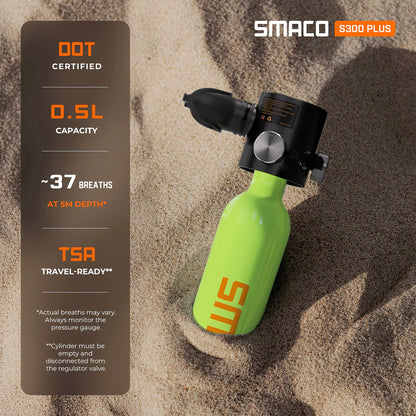 SMACO S300Plus 0.5L portable mini scuba tank for shallow diving, DOT certified cylinder with pressure gauge and approximately 37 breaths at 5m depth
