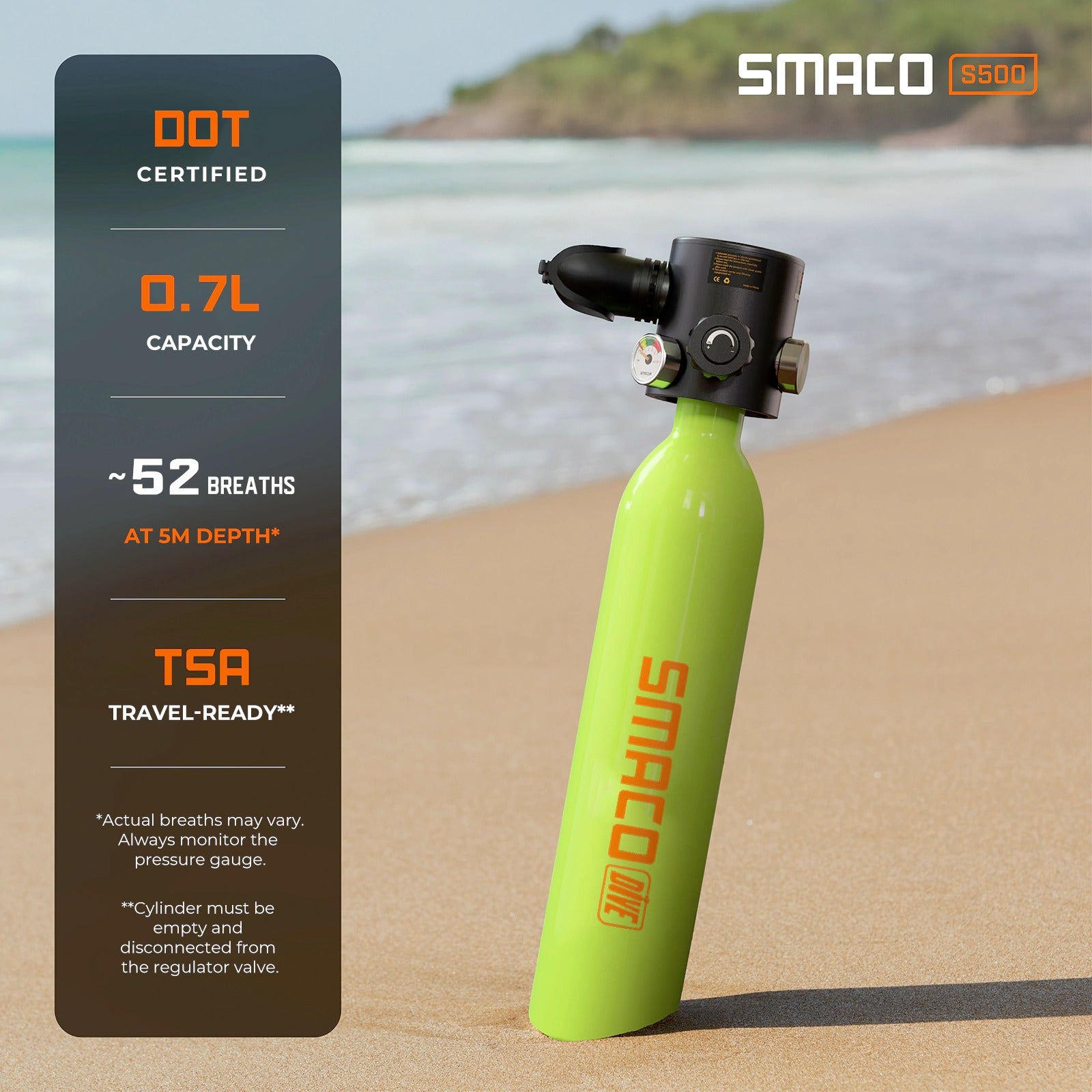 SMACO S500 0.7L portable mini scuba tank for shallow diving, DOT certified cylinder with pressure gauge and approximately 52 breaths at 5m depth